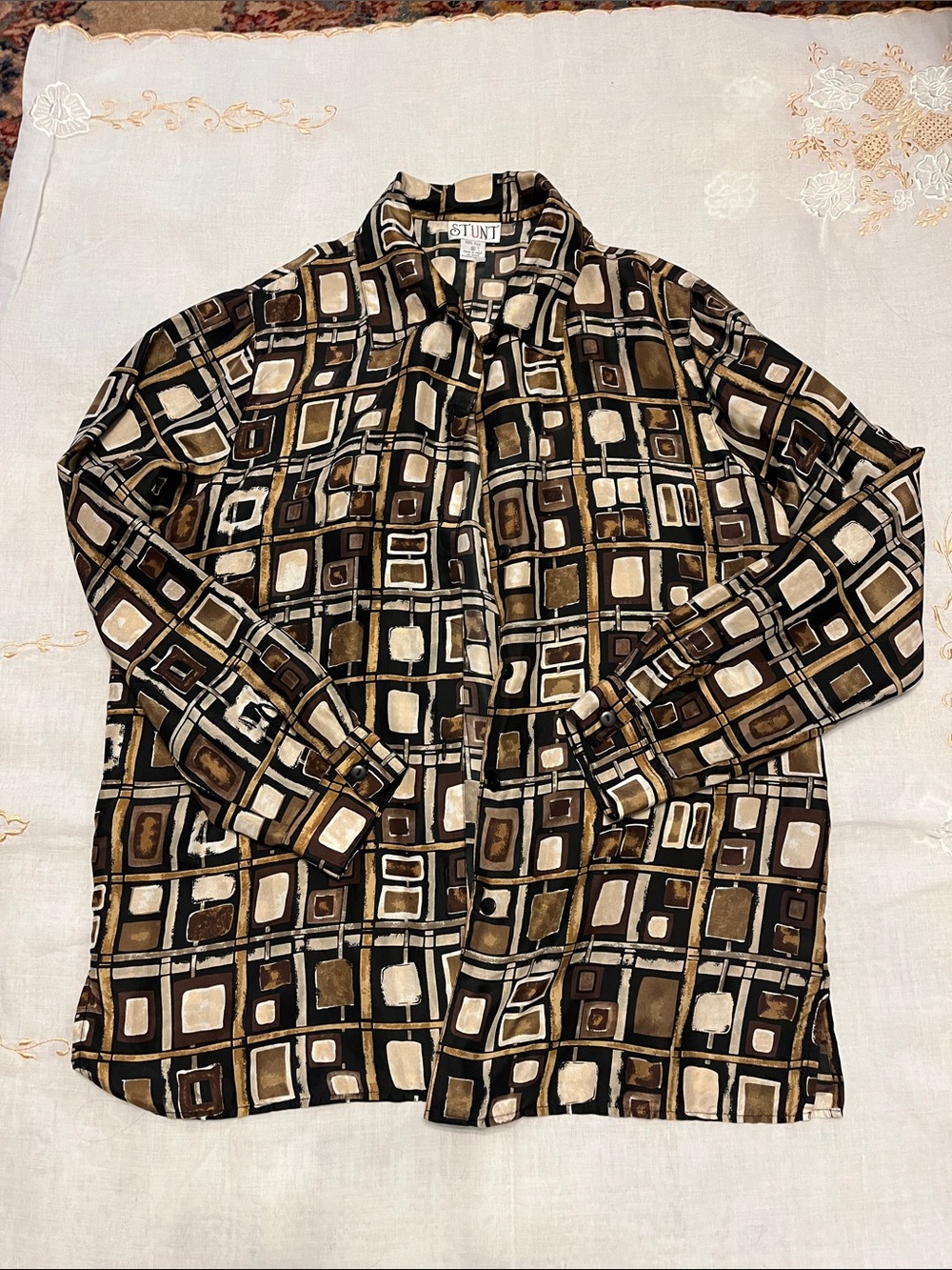 Women’s 100% Silk Geometric Button-Down Shirt in Brown and Black
